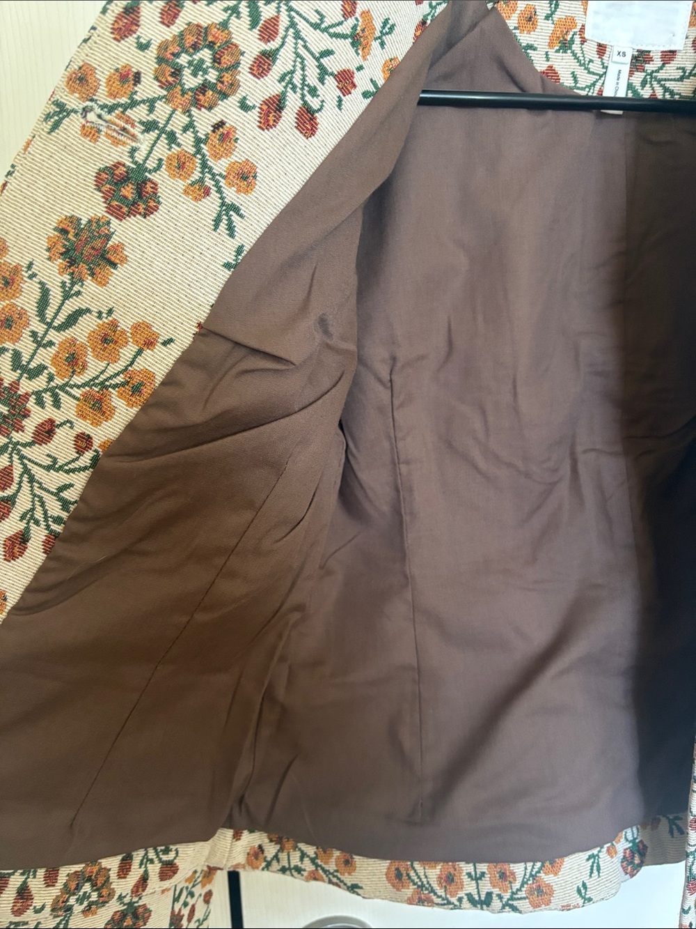 Avec Les Filles Cream Floral Cream Jacquard Cropped Jacket Brown Corduroy Collar - Picture 7 of 8